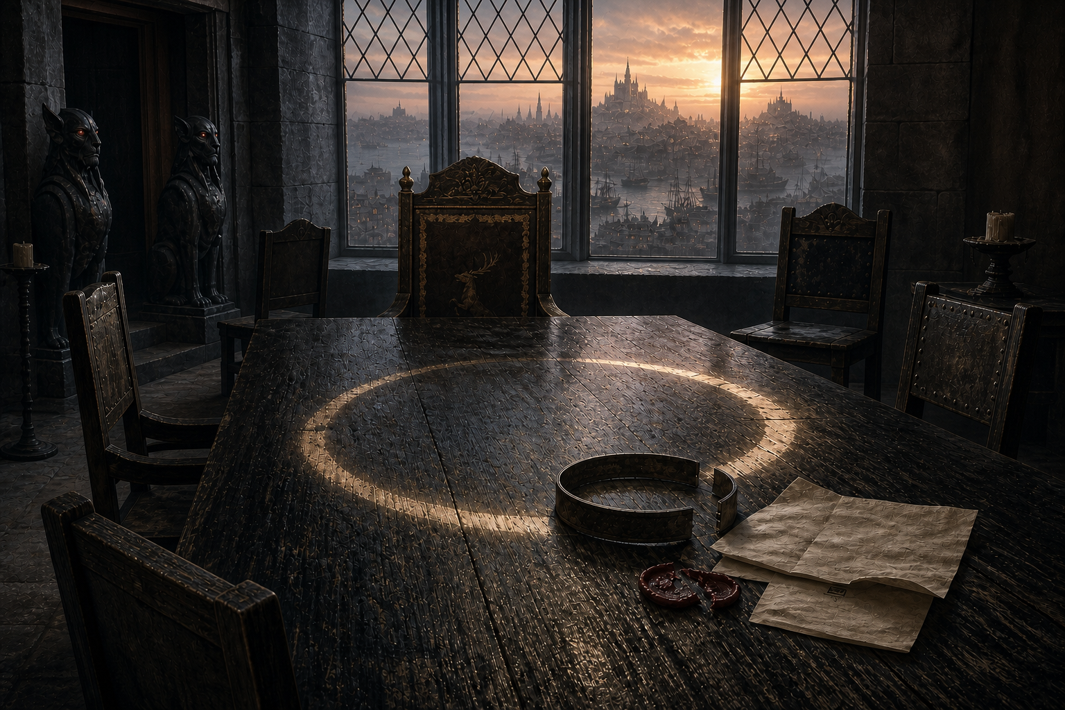 A dawn-lit council chamber holds a worn iron circlet, an empty royal seat, an interrupted writ, divided places, and King's Landing beyond.
