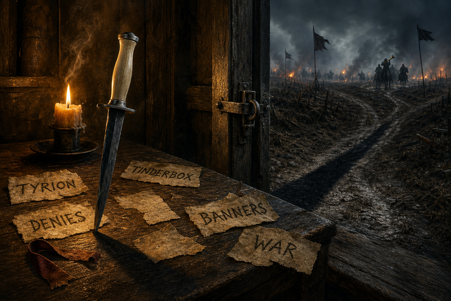 A point-first Valyrian-steel dagger is embedded in a worn table; one natural shadow crosses handwritten fragments, passes through a threshold, and merges with a road toward distant mobilisation.