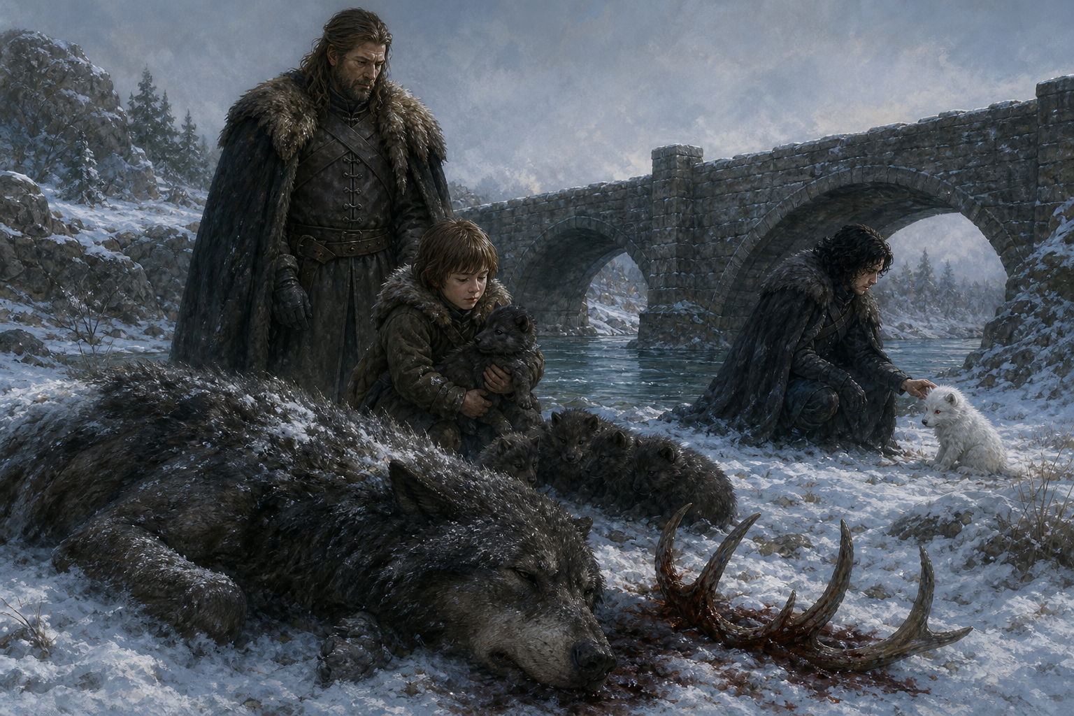 A cold forest threshold holds a dead direwolf and the white pup that becomes Bran's unexpected companion.