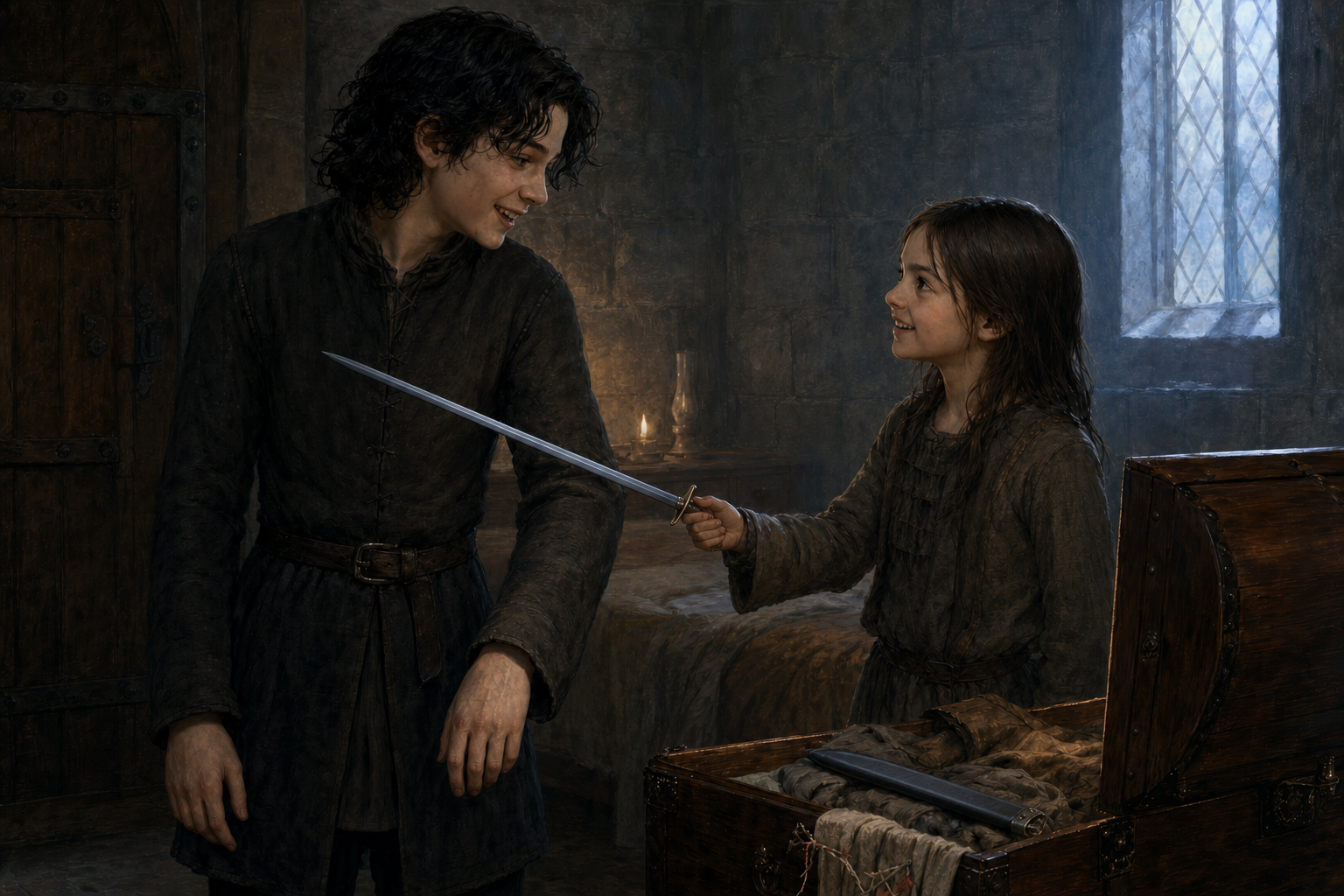 Jon and Arya meet at Winterfell with the small sword Needle held between them as a precise gift and promise.