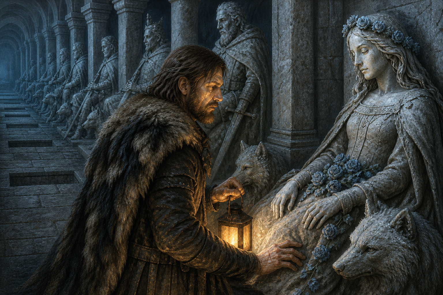 A dim Winterfell crypt holds Ned at a distance from Lyanna's stone memorial and its winter roses.