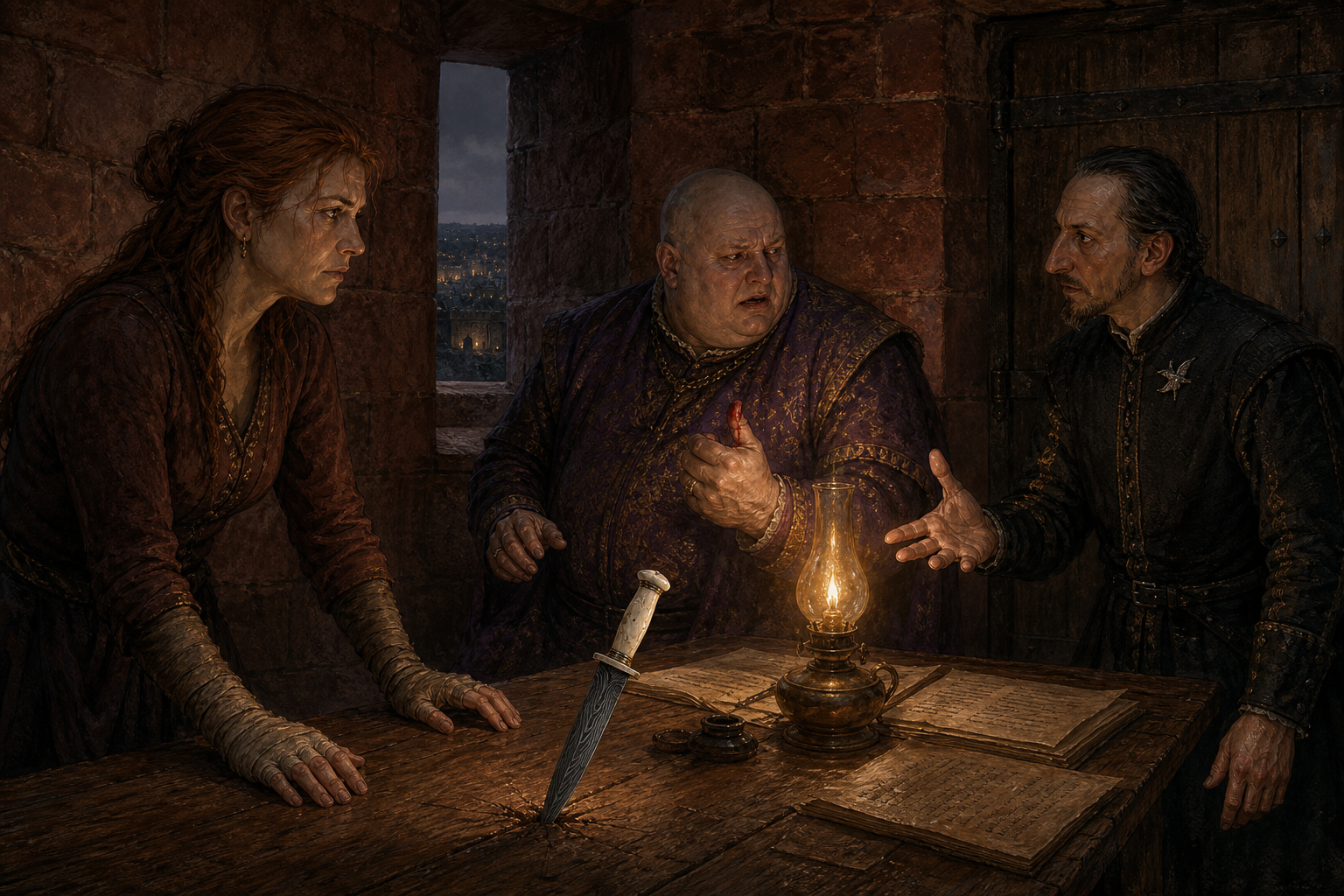 Catelyn studies the rare dagger in a Red Keep tower room while the object's story begins to widen beyond the room.