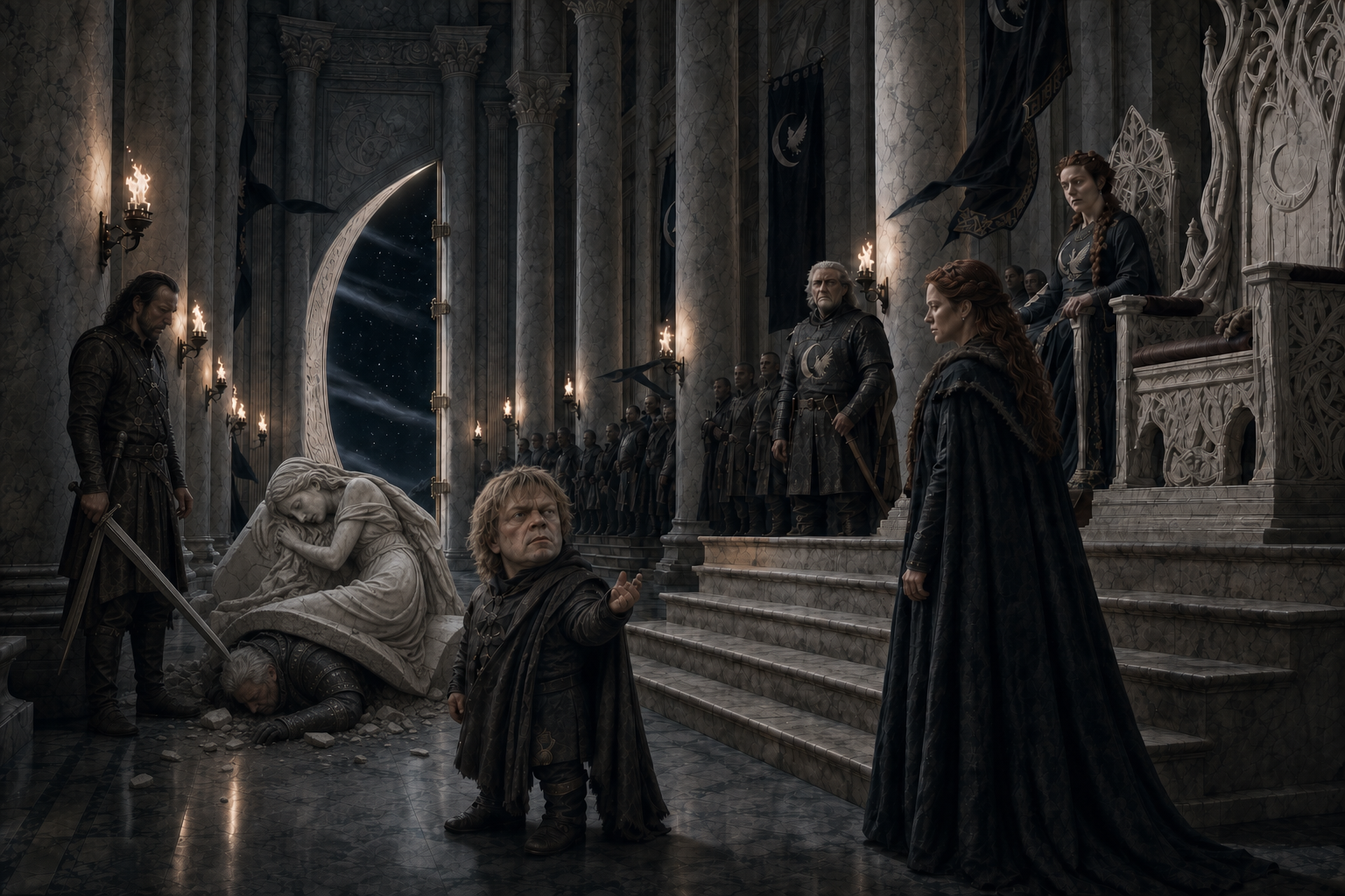 In the Eyrie's High Hall, Bronn stands after the trial-by-combat while the Moon Door and the court's pageantry frame the reversal.