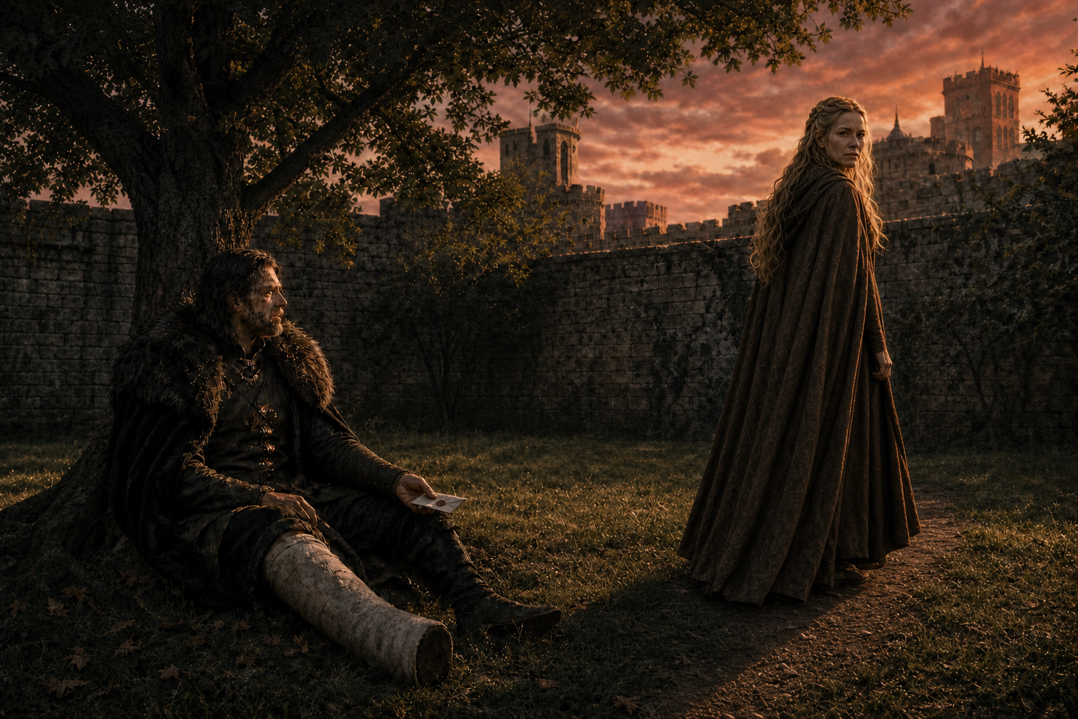 Ned and Cersei face one another in the Red Keep godswood under the old tree and its strained warning.