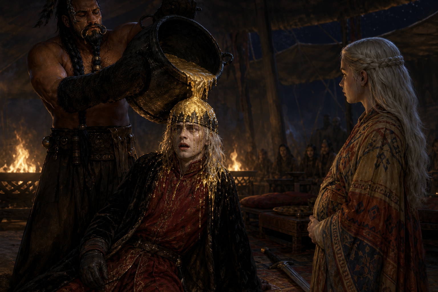 In Drogo's roofless hall, molten gold descends towards Viserys while Daenerys remains the still witness.