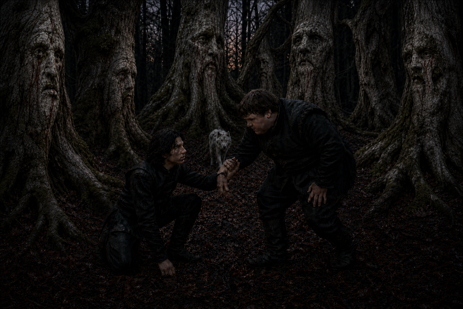 At Castle Black, Jon and Sam stand with Ghost at the edge of the northern wild, where duty becomes chosen responsibility.