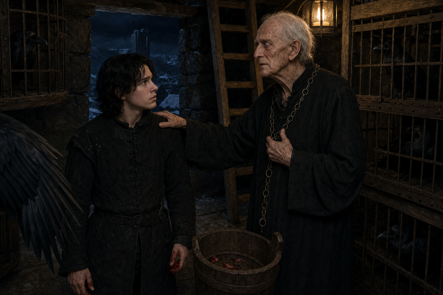 The old maester's confession in Castle Black's dim interior leaves Jon between family feeling and his sworn duty.