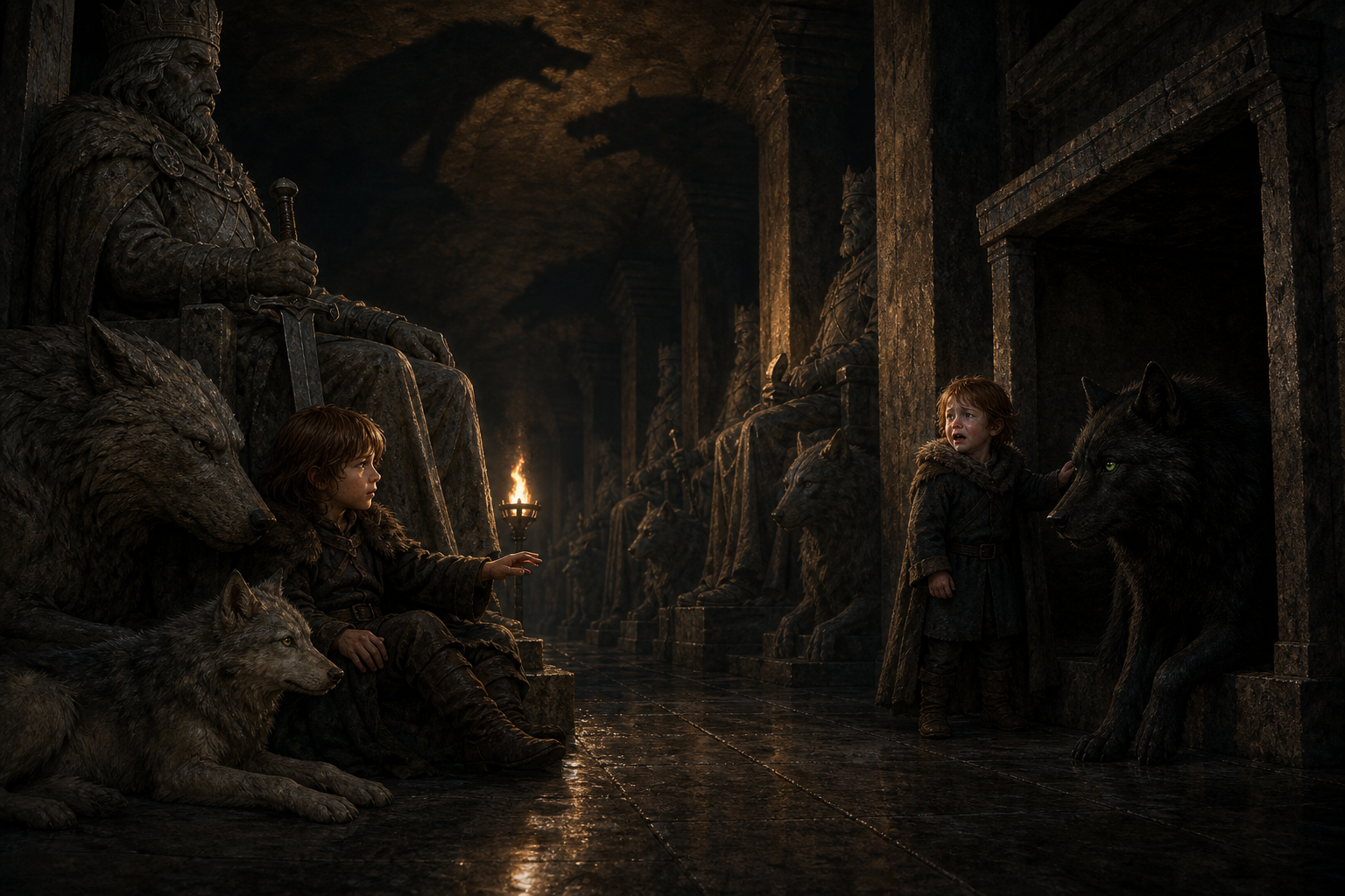 Bran's dream descends through Winterfell's crypts, stone kings, direwolves, and the cold pressure beneath the castle.