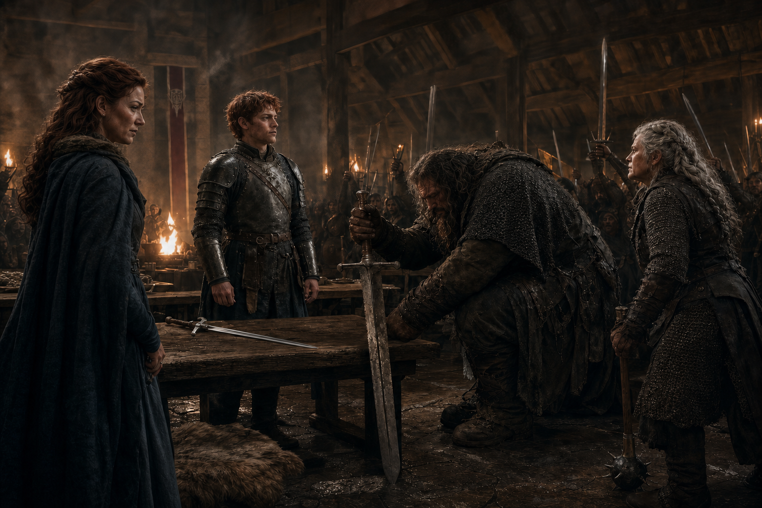 At Riverrun, Robb, Catelyn, and the gathered lords turn grief and allegiance into a public northern crown.