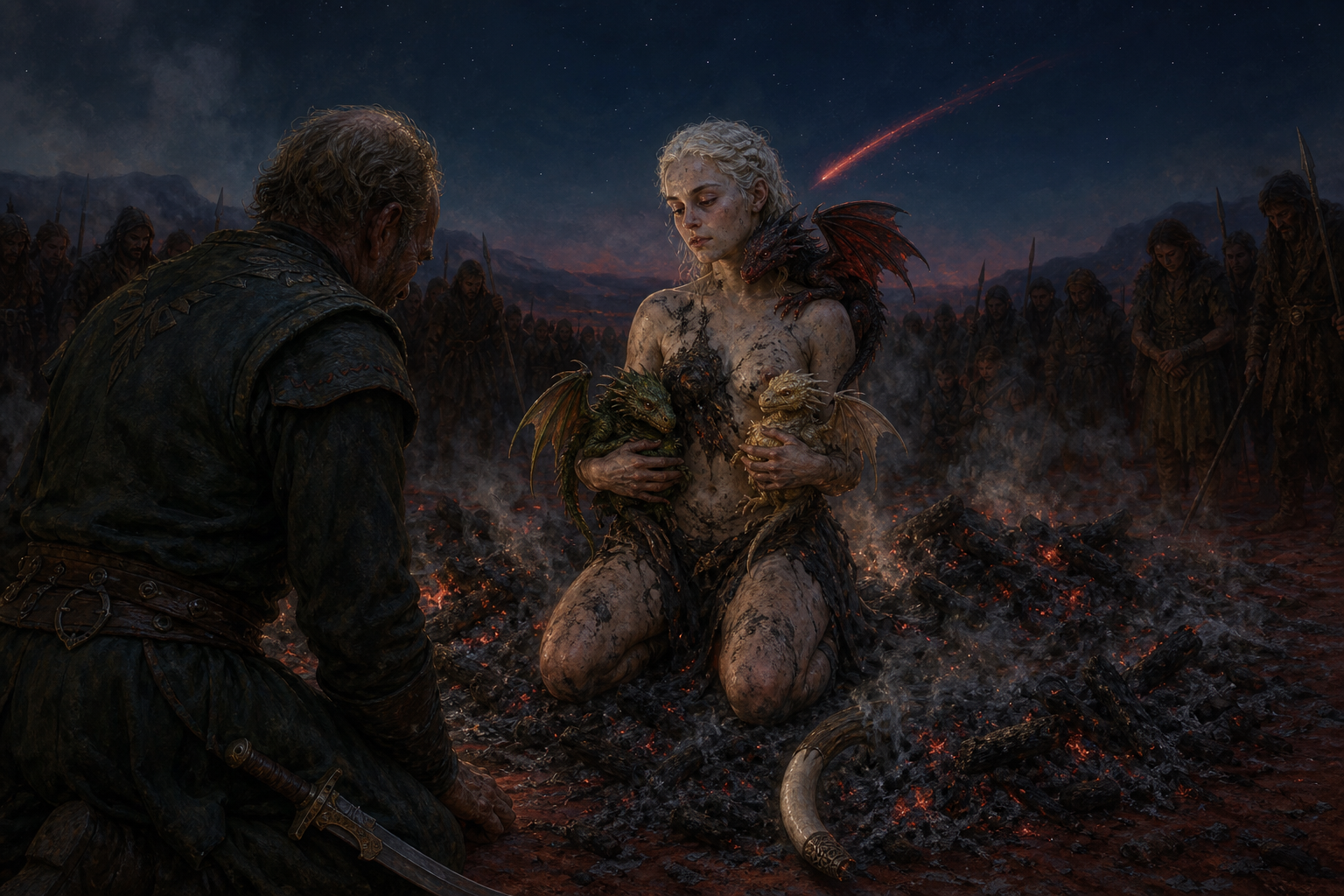 Daenerys kneels in the ash of Drogo's funeral pyre while three newborn dragons make the witnessed claim visible.