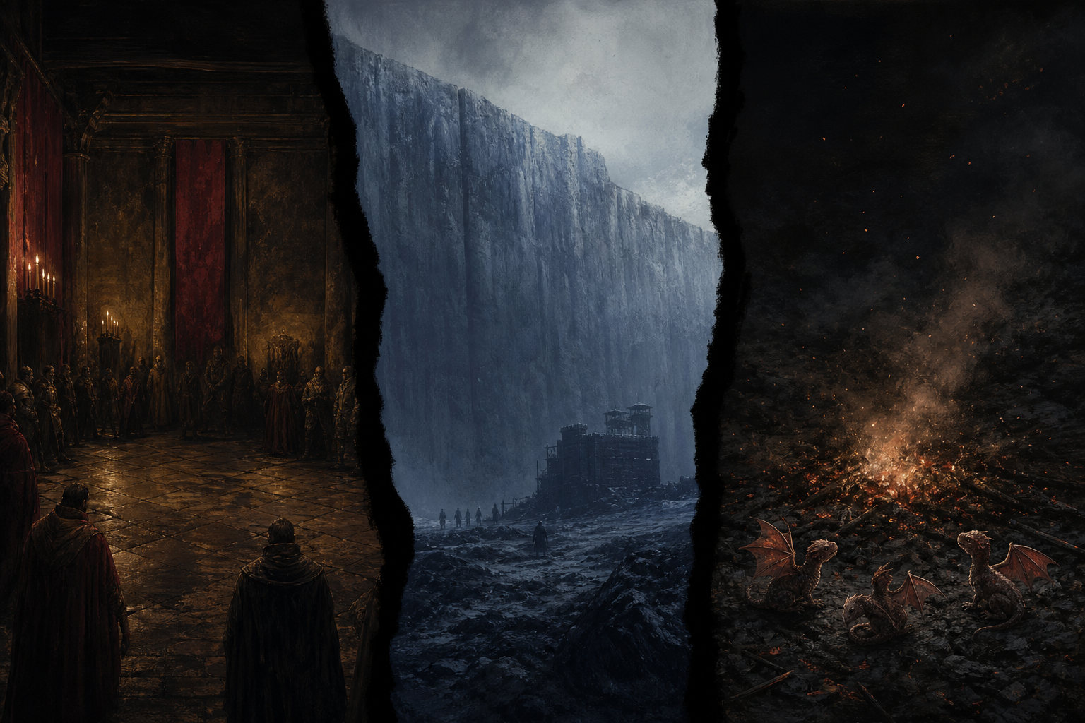 A wide horizontal illustration is divided by dark seams into three unconnected fields: a low red-gold court, a blue-white Wall rising above small black Watch figures, and an open night pyre where three small dragon shapes lift from ash. The artwork contains no map lines or words.