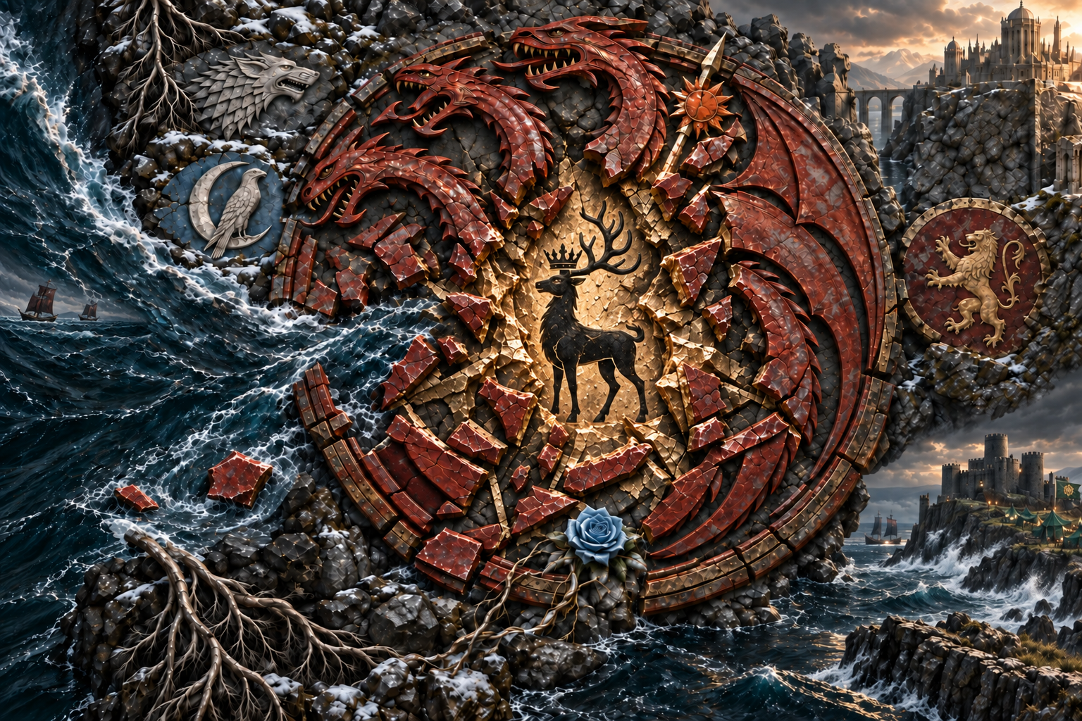 A red dragon and crowned stag collide across a fractured round field. Snow and a pale direwolf frame the left; storm-dark sea and two fleeing ships run along the lower edge; fortified towers rise behind the central sigils. The image holds the rebellion’s rival claims and lasting political fracture in one historical scene.
