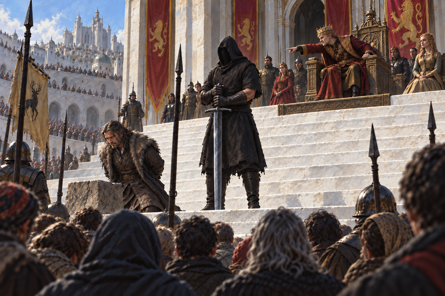 At the Great Sept, Ned Stark kneels at the execution block before a gathered crowd. Joffrey points from the raised seat to give the order; Cersei, the executioner, guards, banners, and the Sept’s pale towers frame the public spectacle.