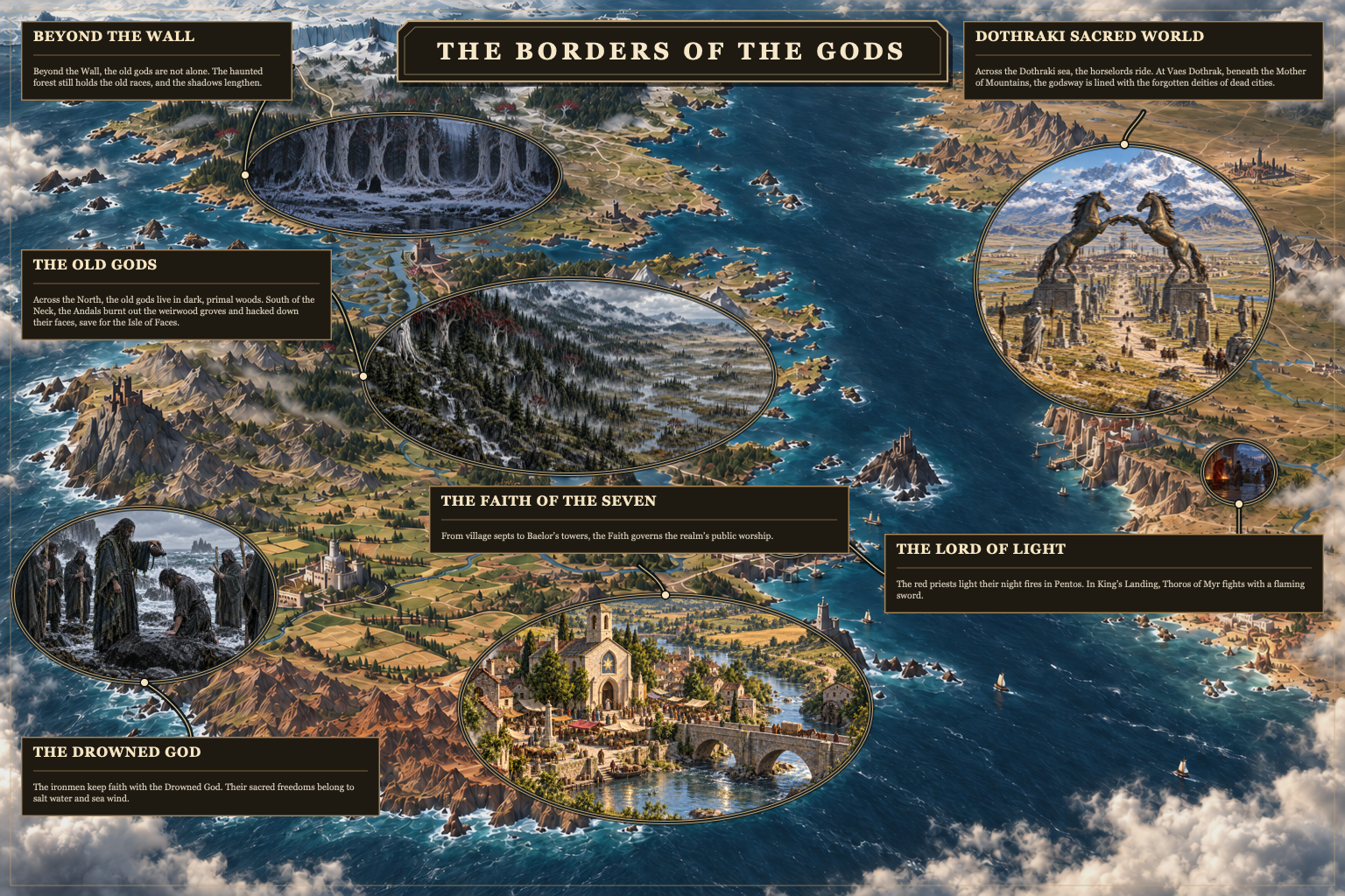 A Westeros-and-Essos map places six sacred traditions around the realm. Inset scenes show the old gods in northern woods, the Faith of the Seven, Dothraki sacred ground, the Lord of Light, and the Drowned God; the cards locate practices and memory rather than literal divine borders.