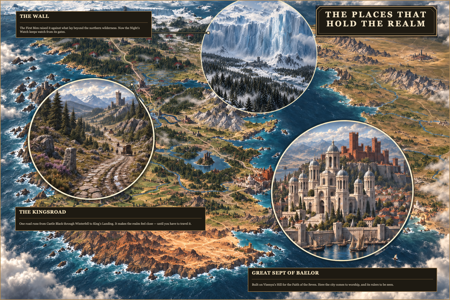 An illustrated atlas of Westeros links a snowy Wall inset, a stone Kingsroad inset, and the Great Sept of Baelor to the wider realm. The three places show how barrier, route, and public institution shape travel and authority.