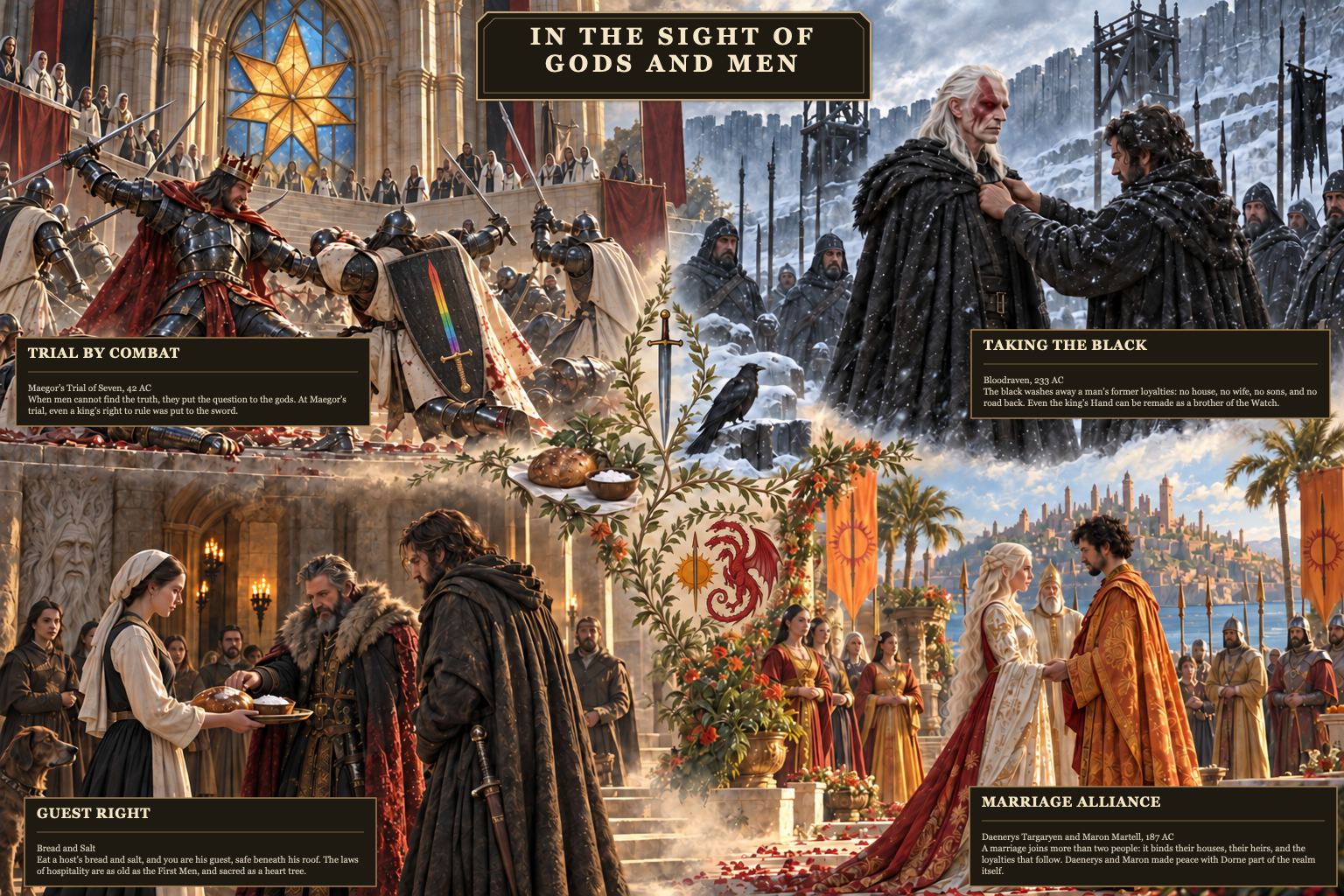 A four-scene social-history plate shows trial by combat before the Faith, taking the black at the Wall, guest right shared at a table, and a marriage alliance. Labels and short text blocks connect public ritual, hospitality, service, and dynastic obligation.