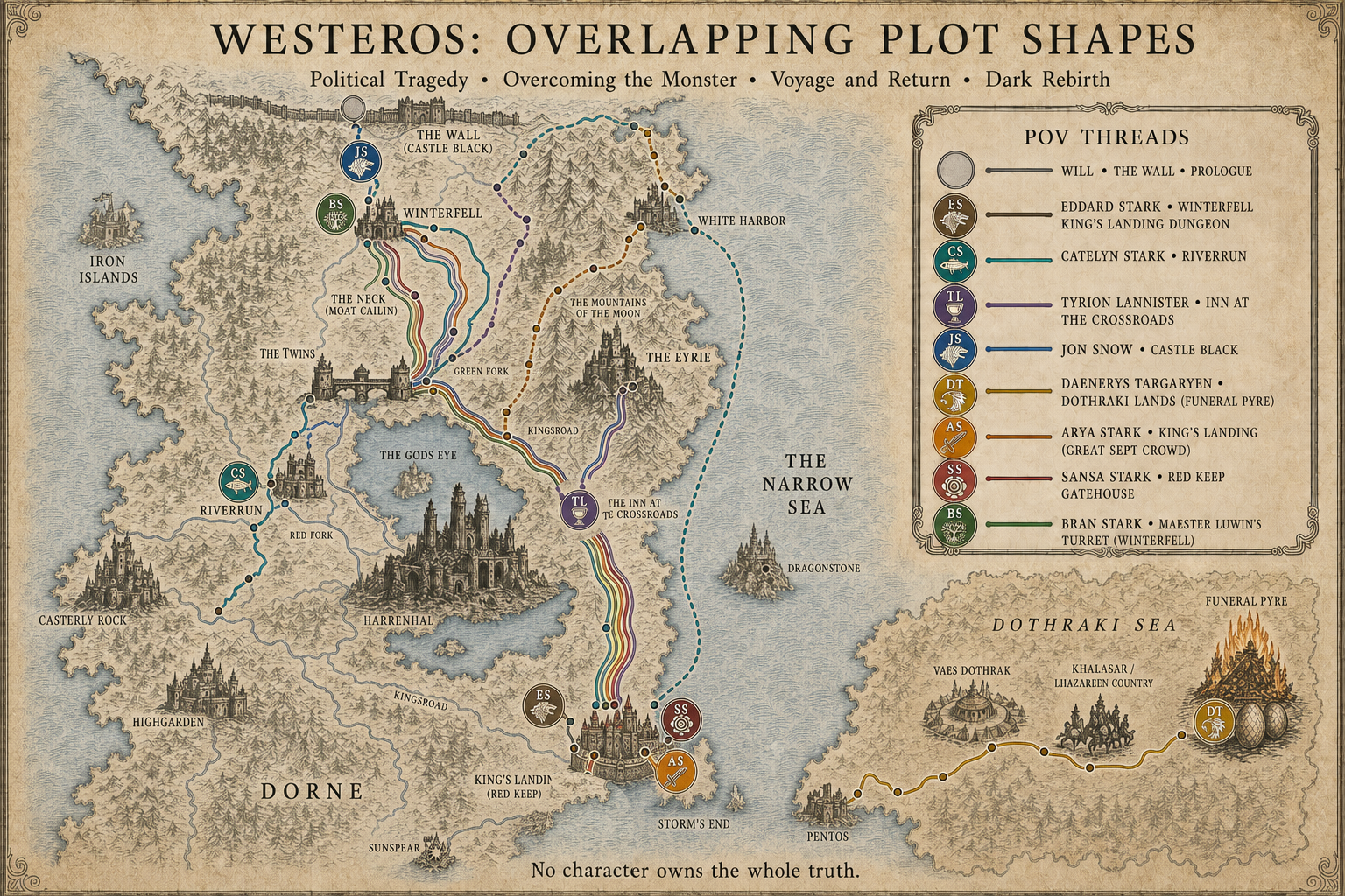 An engraved parchment atlas shows eight coloured point-of-view ribbons across Westeros, each ending at a Book One location; a neutral frame marks the Prologue.