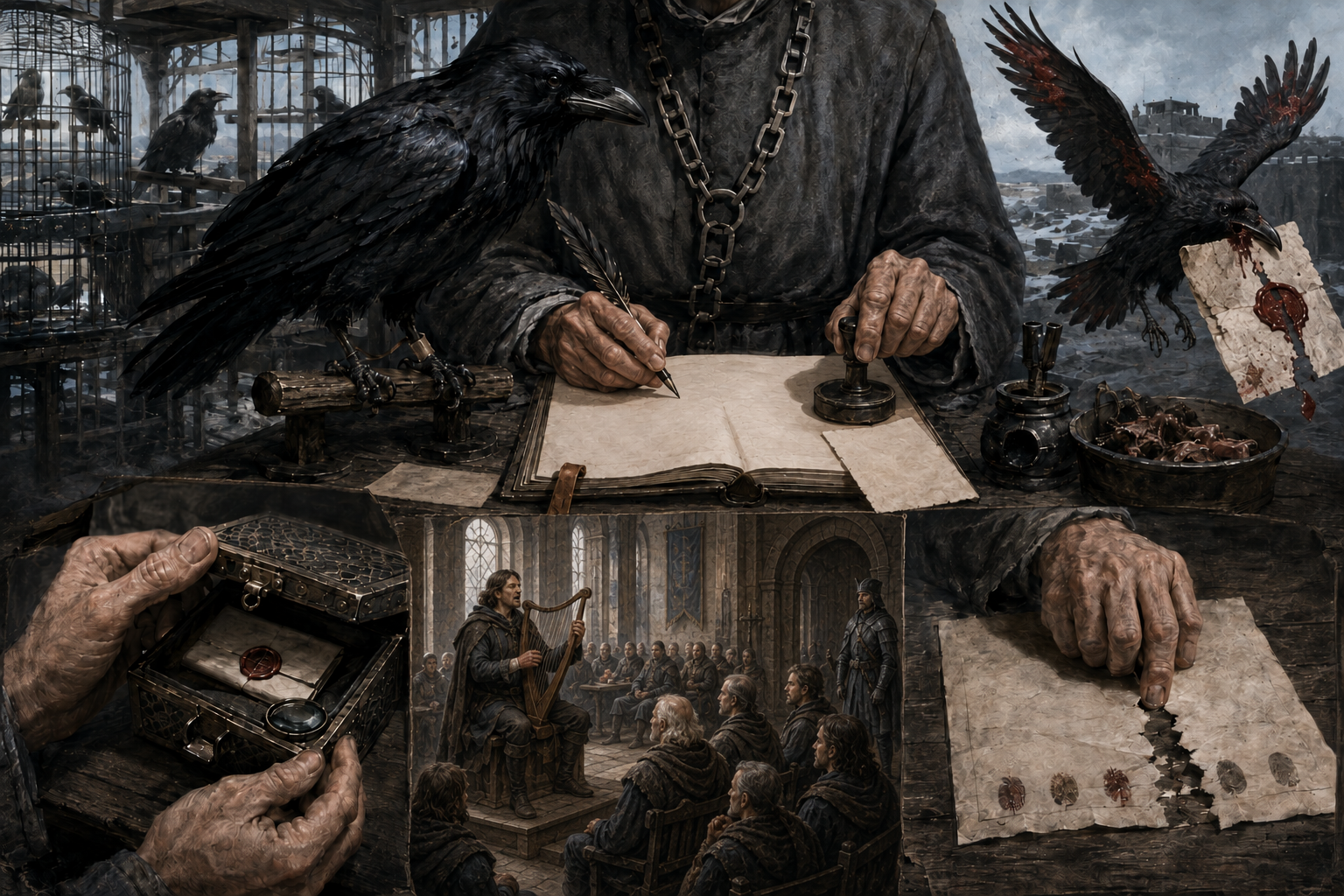 A raven and rookery anchor a chain of controlled messages: a maester's handoff, a private lens-box message, a public bard, a damaged arrival, and a witnessed record.